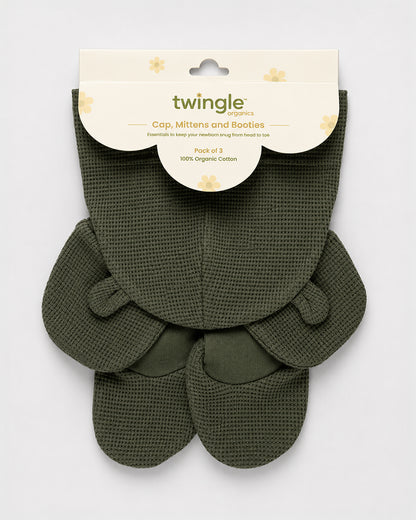 Twingle 100% Organic Cotton Cap, Booties & Mittens Set-Snug Cap-Mittens & Booties-with Soft Elasticated Cuffs for Secure Fit-Solid-Forest Green-For Infants