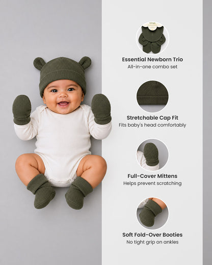 Twingle 100% Organic Cotton Cap, Booties & Mittens Set-Snug Cap-Mittens & Booties-with Soft Elasticated Cuffs for Secure Fit-Solid-Forest Green-For Infants