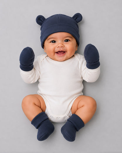 Twingle 100% Organic Cotton Cap, Booties & Mittens Set-Snug Cap-Mittens & Booties-with Soft Elasticated Cuffs for Secure Fit-Solid-Blue-For Infants