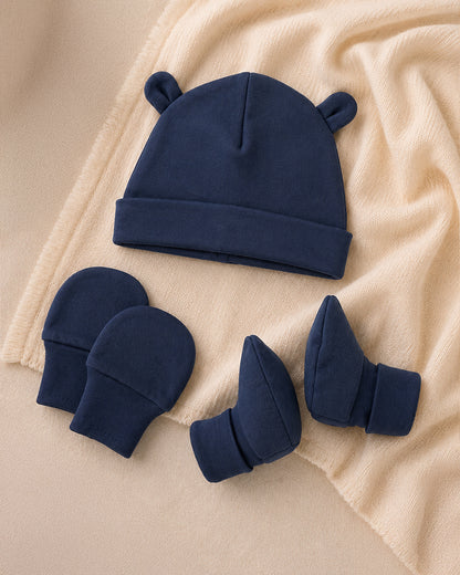 Twingle 100% Organic Cotton Cap, Booties & Mittens Set-Snug Cap-Mittens & Booties-with Soft Elasticated Cuffs for Secure Fit-Solid-Blue-For Infants