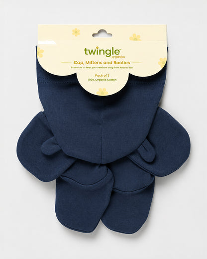 Twingle 100% Organic Cotton Cap, Booties & Mittens Set-Snug Cap-Mittens & Booties-with Soft Elasticated Cuffs for Secure Fit-Solid-Blue-For Infants