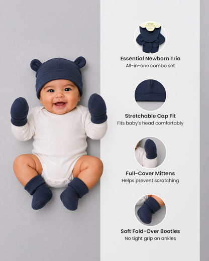 Twingle 100% Organic Cotton Cap, Booties & Mittens Set-Snug Cap-Mittens & Booties-with Soft Elasticated Cuffs for Secure Fit-Solid-Blue-For Infants
