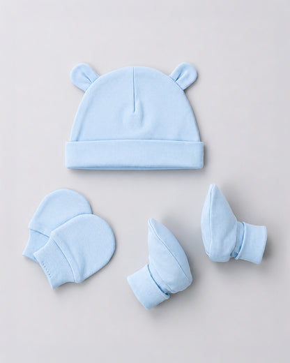 Twingle 100% Organic Cotton Cap, Booties & Mittens Set-Snug Cap-Mittens & Booties-with Soft Elasticated Cuffs for Secure Fit-Solid-Cyan Blue-For Infants