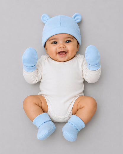 Twingle 100% Organic Cotton Cap, Booties & Mittens Set-Snug Cap-Mittens & Booties-with Soft Elasticated Cuffs for Secure Fit-Solid-Cyan Blue-For Infants