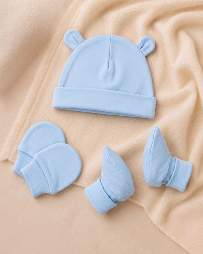 Twingle 100% Organic Cotton Cap, Booties & Mittens Set-Snug Cap-Mittens & Booties-with Soft Elasticated Cuffs for Secure Fit-Solid-Cyan Blue-For Infants