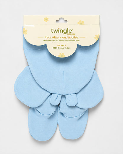 Twingle 100% Organic Cotton Cap, Booties & Mittens Set-Snug Cap-Mittens & Booties-with Soft Elasticated Cuffs for Secure Fit-Solid-Cyan Blue-For Infants
