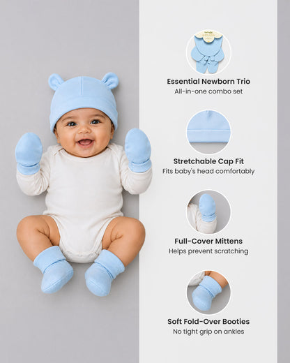 Twingle 100% Organic Cotton Cap, Booties & Mittens Set-Snug Cap-Mittens & Booties-with Soft Elasticated Cuffs for Secure Fit-Solid-Cyan Blue-For Infants