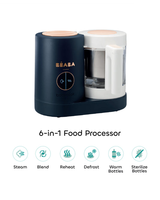 Beaba Babycook Neo 6 in 1 Baby Food Processor-Steam Cooker, Blender, Bottle Warmer & Sterilizer with 1250ml Glass Bowl-Night Blue