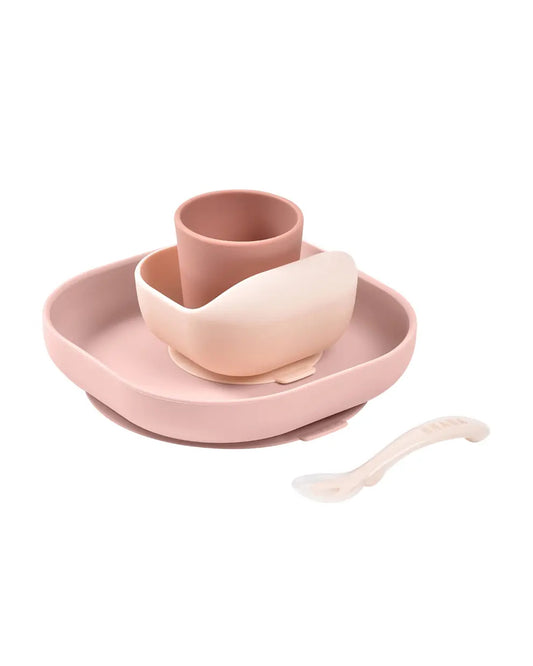 Beaba Silicone Baby Meal Set-100% Premium Food Grade Silicone with Suction Plate, Curved Bowl, Training Cup & Spoon-Pack of 4-Cotton Candy-4M+