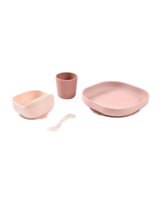 Beaba Silicone Baby Meal Set-100% Premium Food Grade Silicone with Suction Plate, Curved Bowl, Training Cup & Spoon-Pack of 4-Cotton Candy-4M+