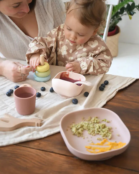 Beaba Silicone Baby Meal Set-100% Premium Food Grade Silicone with Suction Plate, Curved Bowl, Training Cup & Spoon-Pack of 4-Cotton Candy-4M+