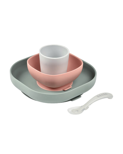 Beaba Silicone Baby Meal Set-100% Premium Food Grade Silicone with Suction Plate, Bowl, Training Cup & Spoon-Pack of 4-Eucalyptus-4M+