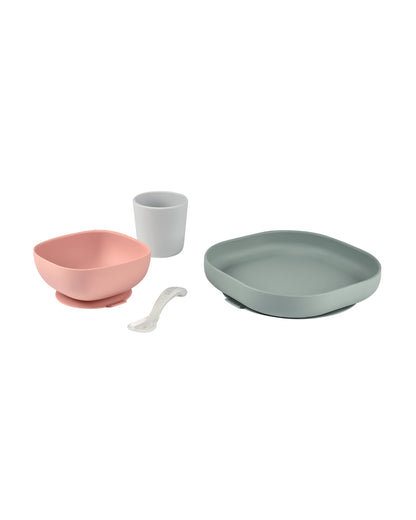 Beaba Silicone Baby Meal Set-100% Premium Food Grade Silicone with Suction Plate, Bowl, Training Cup & Spoon-Pack of 4-Eucalyptus-4M+