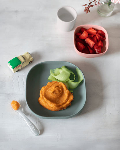Beaba Silicone Baby Meal Set-100% Premium Food Grade Silicone with Suction Plate, Bowl, Training Cup & Spoon-Pack of 4-Eucalyptus-4M+
