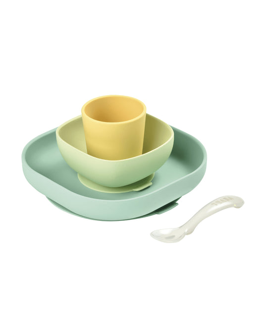 Beaba Silicone Baby Meal Set-100% Premium Food Grade Silicone with Suction Plate, Bowl, Training Cup & Spoon-Pack of 4-Yellow-4M+