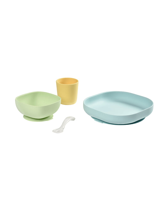 Beaba Silicone Baby Meal Set-100% Premium Food Grade Silicone with Suction Plate, Bowl, Training Cup & Spoon-Pack of 4-Yellow-4M+