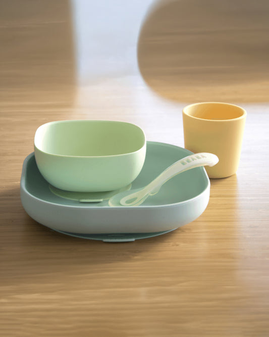Beaba Silicone Baby Meal Set-100% Premium Food Grade Silicone with Suction Plate, Bowl, Training Cup & Spoon-Pack of 4-Yellow-4M+
