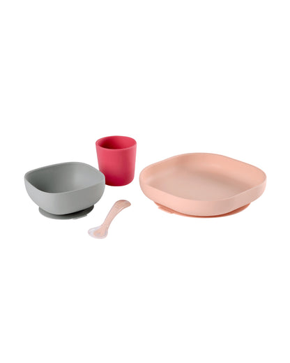 Beaba Silicone Baby Meal Set-100% Premium Food Grade Silicone with Suction Plate, Bowl, Training Cup & Spoon-Pack of 4-Pink-4M+