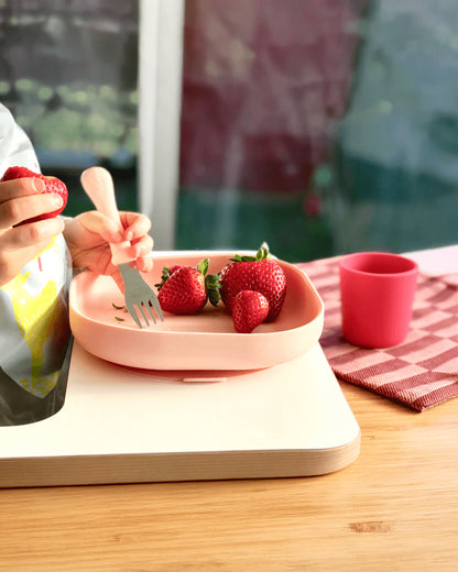 Beaba Silicone Baby Meal Set-100% Premium Food Grade Silicone with Suction Plate, Bowl, Training Cup & Spoon-Pack of 4-Pink-4M+