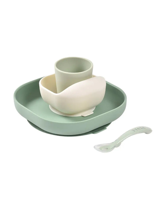 Beaba Silicone Baby Meal Set-100% Premium Food Grade Silicone with Suction Plate, Curved Bowl, Training Cup & Spoon-Pack of 4-Sage Green-4M+