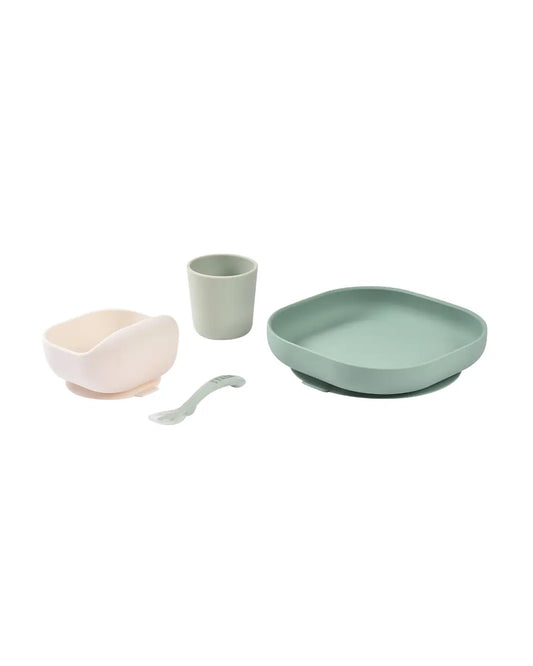 Beaba Silicone Baby Meal Set-100% Premium Food Grade Silicone with Suction Plate, Curved Bowl, Training Cup & Spoon-Pack of 4-Sage Green-4M+