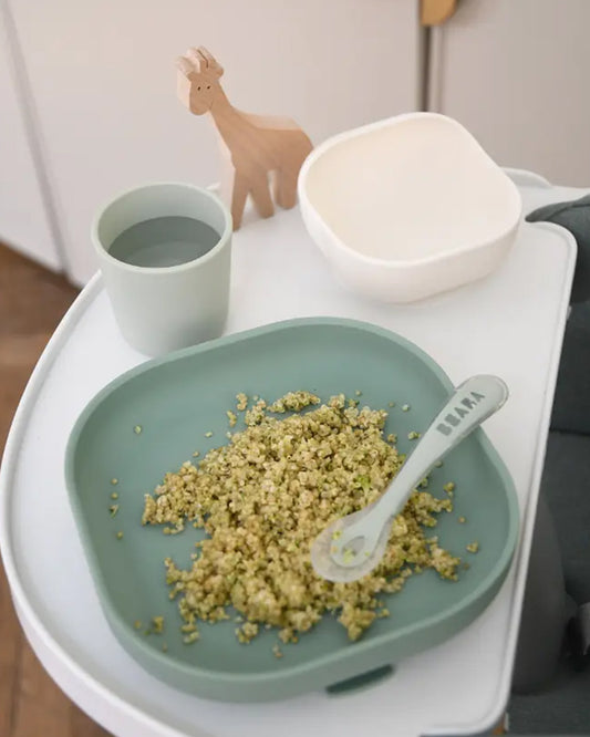 Beaba Silicone Baby Meal Set-100% Premium Food Grade Silicone with Suction Plate, Curved Bowl, Training Cup & Spoon-Pack of 4-Sage Green-4M+