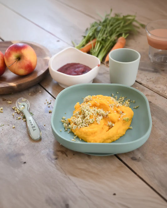 Beaba Silicone Baby Meal Set-100% Premium Food Grade Silicone with Suction Plate, Curved Bowl, Training Cup & Spoon-Pack of 4-Sage Green-4M+