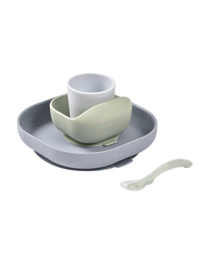 Beaba Silicone Baby Meal Set-100% Premium Food Grade Silicone with Suction Plate, Curved Bowl, Training Cup & Spoon-Pack of 4-Pebble-4M+