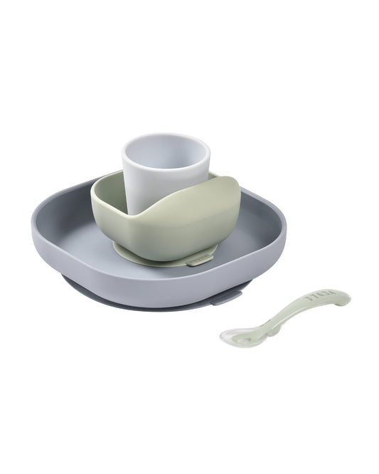 Beaba Silicone Baby Meal Set-100% Premium Food Grade Silicone with Suction Plate, Curved Bowl, Training Cup & Spoon-Pack of 4-Pebble-4M+