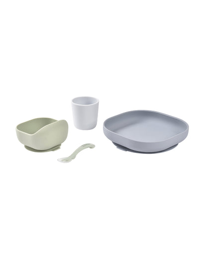 Beaba Silicone Baby Meal Set-100% Premium Food Grade Silicone with Suction Plate, Curved Bowl, Training Cup & Spoon-Pack of 4-Pebble-4M+