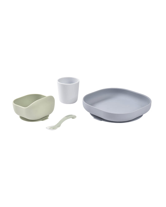 Beaba Silicone Baby Meal Set-100% Premium Food Grade Silicone with Suction Plate, Curved Bowl, Training Cup & Spoon-Pack of 4-Pebble-4M+