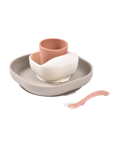 Beaba Silicone Baby Meal Set-100% Premium Food Grade Silicone with Suction Plate, Curved Bowl, Training Cup & Spoon-Pack of 4-Terracotta-4M+