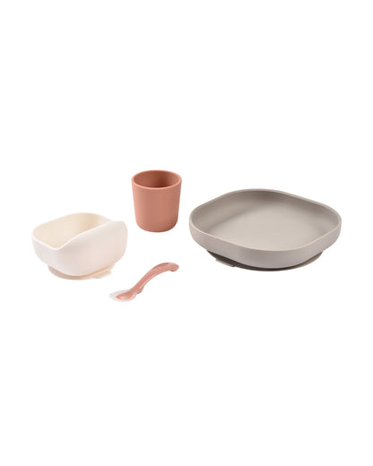Beaba Silicone Baby Meal Set-100% Premium Food Grade Silicone with Suction Plate, Curved Bowl, Training Cup & Spoon-Pack of 4-Terracotta-4M+