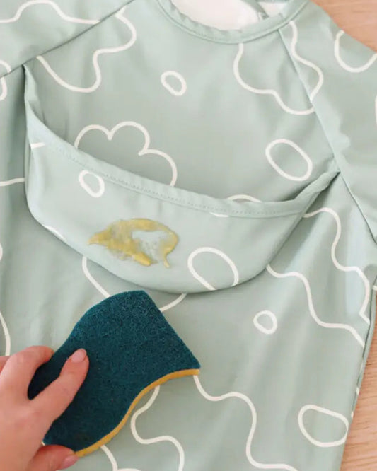 Beaba 2-in-1 Waterproof Bib-With Detachable Sleeves & Foldable Food Catcher Pocket-Sage Green-4M+
