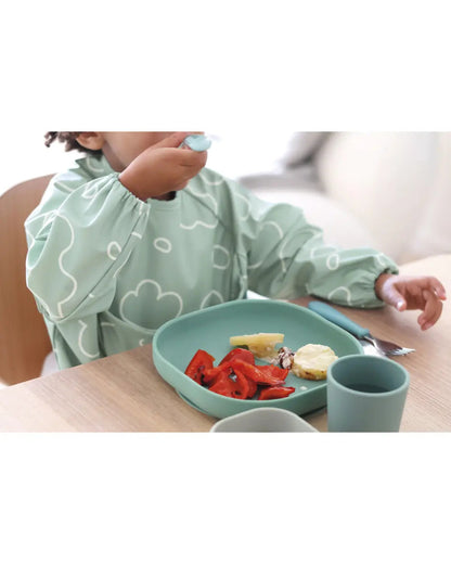 Beaba 2-in-1 Waterproof Bib-With Detachable Sleeves & Foldable Food Catcher Pocket-Sage Green-4M+