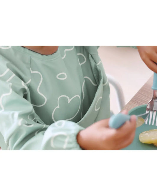 Beaba 2-in-1 Waterproof Bib-With Detachable Sleeves & Foldable Food Catcher Pocket-Sage Green-4M+