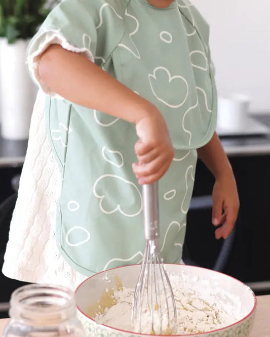 Beaba 2-in-1 Waterproof Bib-With Detachable Sleeves & Foldable Food Catcher Pocket-Sage Green-4M+