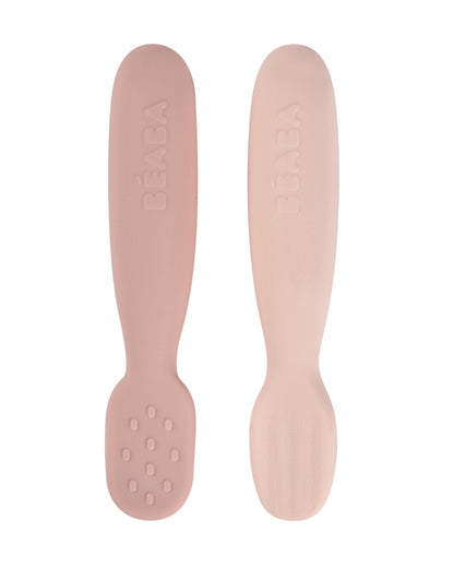 Beaba Silicone Pre-Feeding Spoon-Round Ergonomic Handle with Textured & Flat Tip-Pack of 2-Marshmallow-4M+