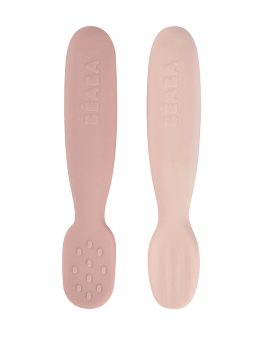 Beaba Silicone Pre-Feeding Spoon-Round Ergonomic Handle with Textured & Flat Tip-Pack of 2-Marshmallow-4M+