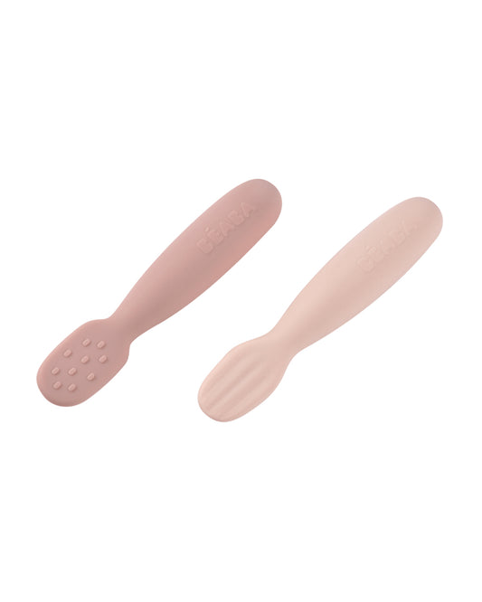 Beaba Silicone Pre-Feeding Spoon-Round Ergonomic Handle with Textured & Flat Tip-Pack of 2-Marshmallow-4M+