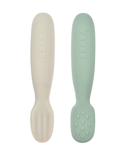 Beaba Silicone Pre-Feeding Spoon-Round Ergonomic Handle with Textured & Flat Tip-Pack of 2-Sage Green-4M+