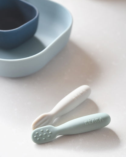 Beaba Silicone Pre-Feeding Spoon-Round Ergonomic Handle with Textured & Flat Tip-Pack of 2-Sage Green-4M+