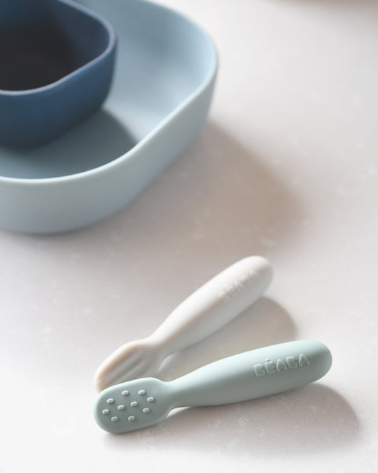 Beaba Silicone Pre-Feeding Spoon-Round Ergonomic Handle with Textured & Flat Tip-Pack of 2-Sage Green-4M+