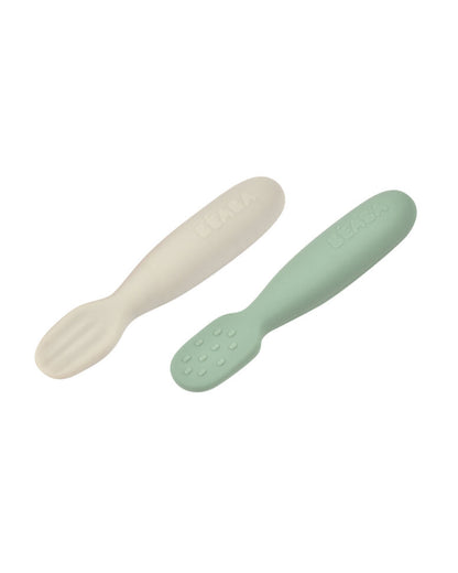 Beaba Silicone Pre-Feeding Spoon-Round Ergonomic Handle with Textured & Flat Tip-Pack of 2-Sage Green-4M+