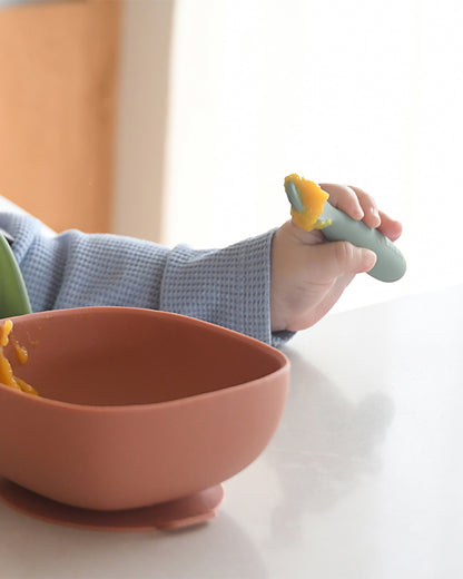 Beaba Silicone Pre-Feeding Spoon-Round Ergonomic Handle with Textured & Flat Tip-Pack of 2-Sage Green-4M+