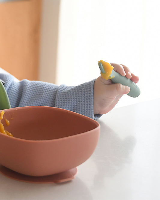 Beaba Silicone Pre-Feeding Spoon-Round Ergonomic Handle with Textured & Flat Tip-Pack of 2-Sage Green-4M+