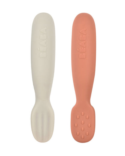 Beaba Silicone Pre-Feeding Spoon-Round Ergonomic Handle with Textured & Flat Tip-Pack of 2-Terracotta-4M+