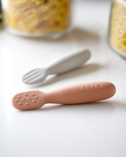 Beaba Silicone Pre-Feeding Spoon-Round Ergonomic Handle with Textured & Flat Tip-Pack of 2-Terracotta-4M+