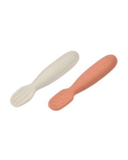 Beaba Silicone Pre-Feeding Spoon-Round Ergonomic Handle with Textured & Flat Tip-Pack of 2-Terracotta-4M+