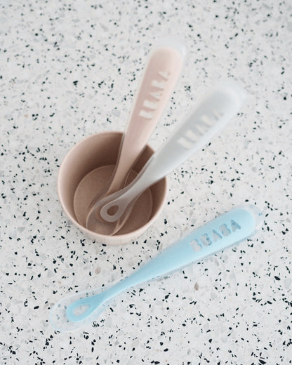 Beaba 1st Stage Silicone Spoon-Self Feeding Training Spoon with Ultra Soft Tip-Ergonomic Handles-Windy Blue-4M+